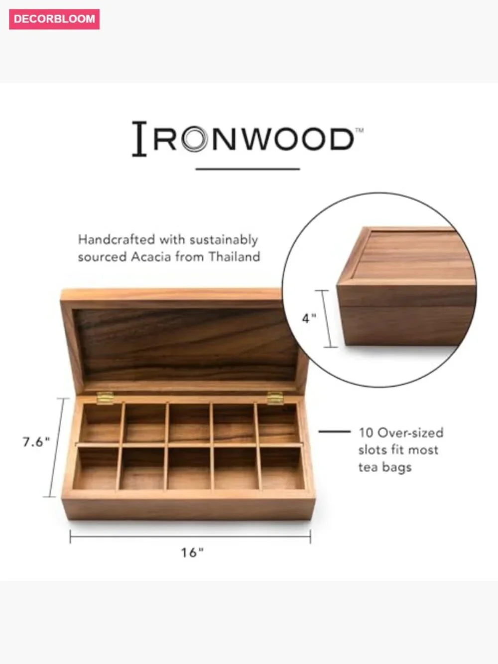Extra Large Wooden Tea Box, 10 Compartment Acacia Chest